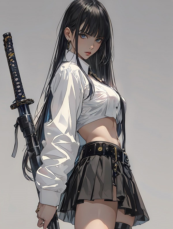 Cô gái anime với ánh mắt sắc lạnh, nhìn thẳng đầy thách thức, toát lên khí chất mạnh mẽ.