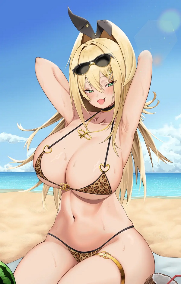 Cô gái anime mặc bikini màu cam, tạo dáng trên ván lướt sóng.