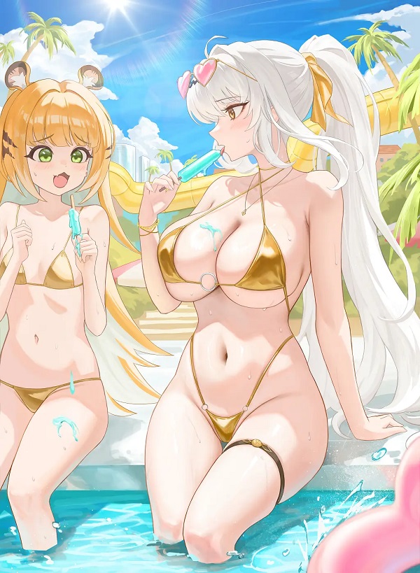 Cô gái anime mặc bikini có chi tiết ren, tạo vẻ đẹp tinh tế.