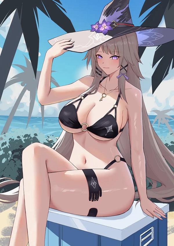 Cô gái anime mặc bikini thể thao, trông khỏe khoắn và năng động.