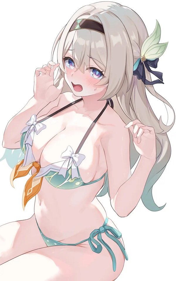 Hình ảnh một cô gái anime với bộ bikini có dây buộc chéo, tạo điểm nhấn.