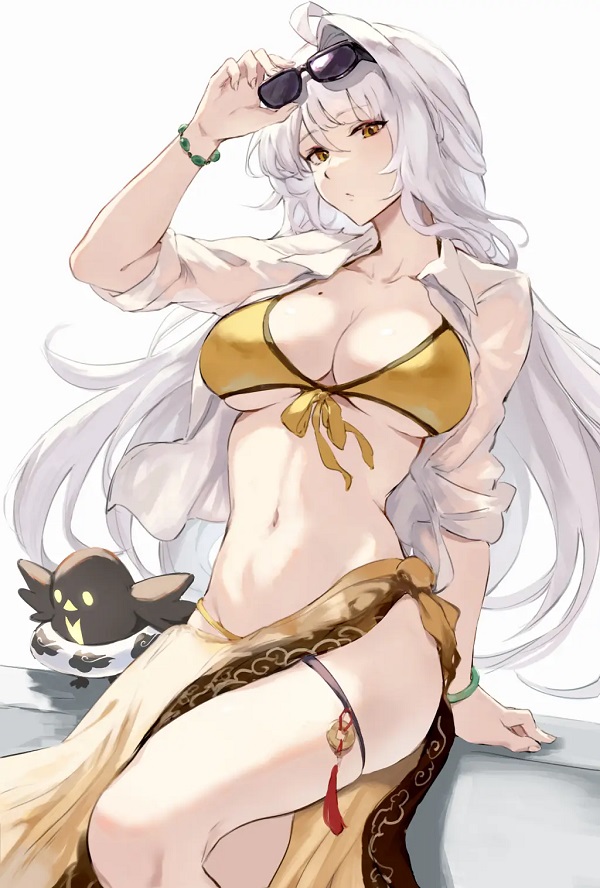 Hình ảnh một cô gái anime trong bộ bikini hai mảnh, đang nằm phơi nắng.