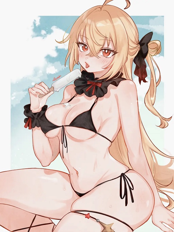 Cô gái anime mặc bikini với họa tiết chấm bi, cổ điển và đáng yêu.