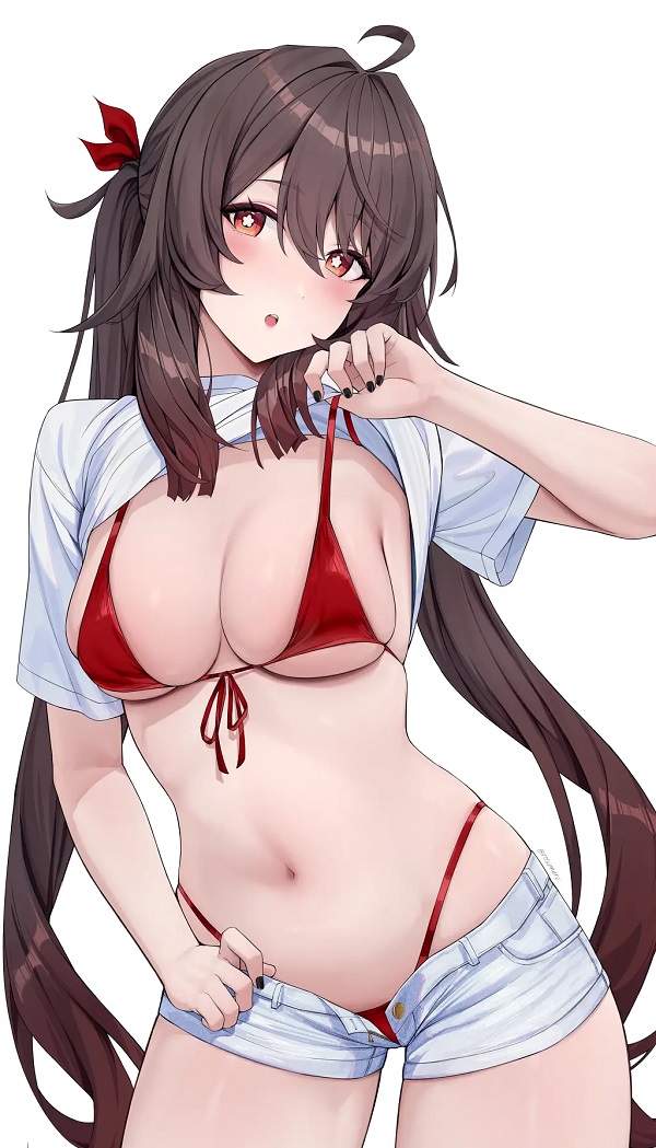 Cô gái anime mặc bikini màu neon, nổi bật dưới ánh nắng.