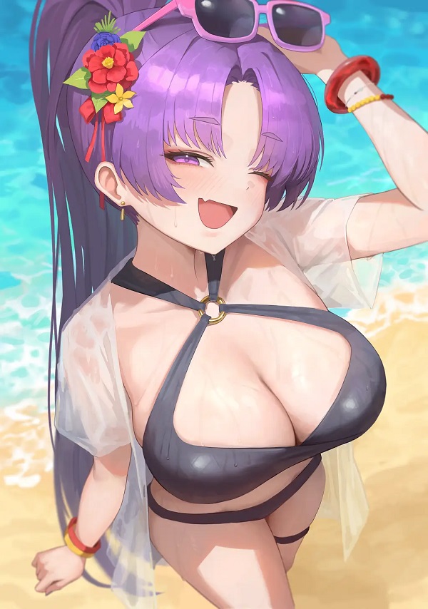 Hình ảnh một cô gái anime trong bộ bikini lưới, đầy bí ẩn.