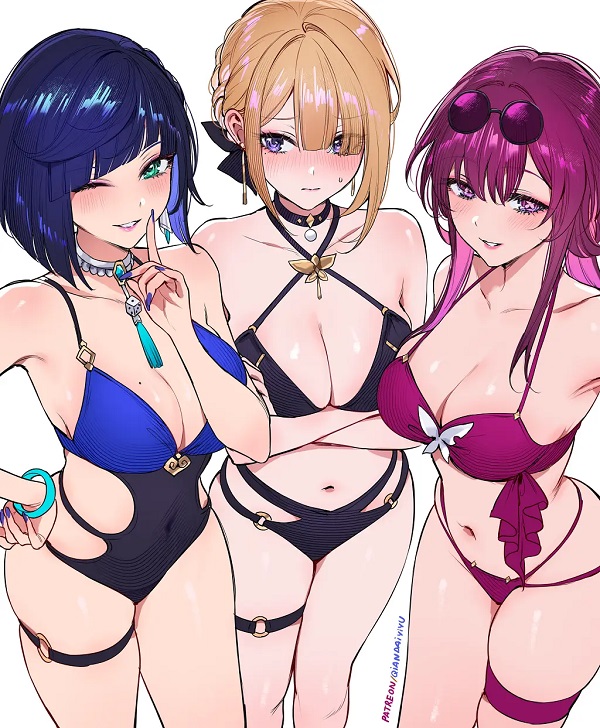 Hình ảnh một cô gái anime với bộ bikini có chi tiết đính hạt, lấp lánh.
