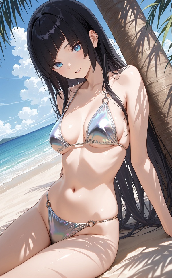 Hình ảnh một cô gái anime trong bộ bikini trắng, nằm dài trên ghế phơi nắng.