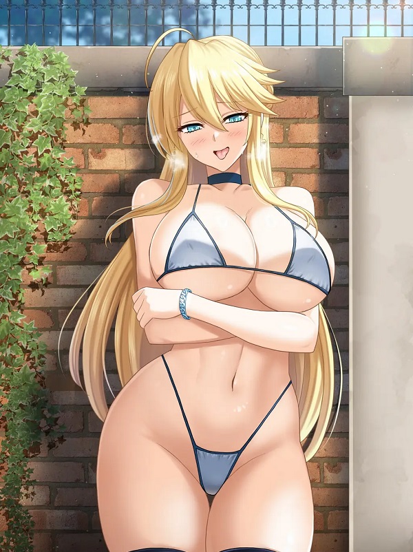 Cô gái anime mặc bikini sọc ngang, đang thưởng thức đồ uống mát lạnh.