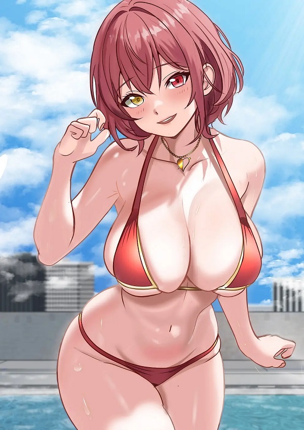 Hình ảnh một cô gái anime trong bộ bikini đỏ tươi, đang thư giãn bên hồ bơi.