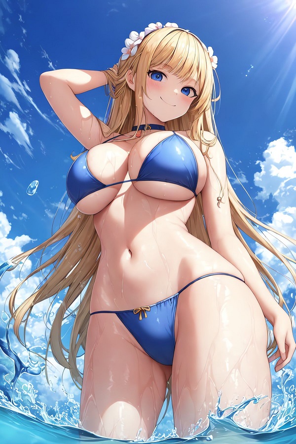 Cô gái anime với bộ đồ bơi một mảnh màu xanh dương, tạo dáng thanh thoát bên bờ biển.