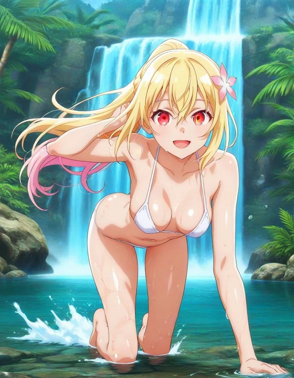 Hình ảnh một cô gái anime mặc bikini ren, tạo vẻ gợi cảm và lãng mạn.