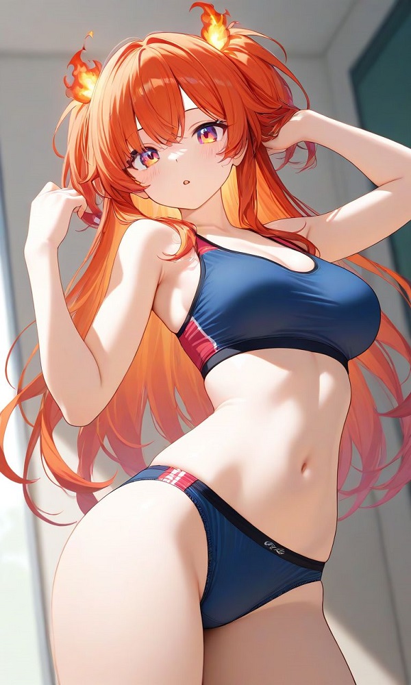 Cô gái anime trong bộ đồ bơi có họa tiết động vật, rất ngộ nghĩnh.