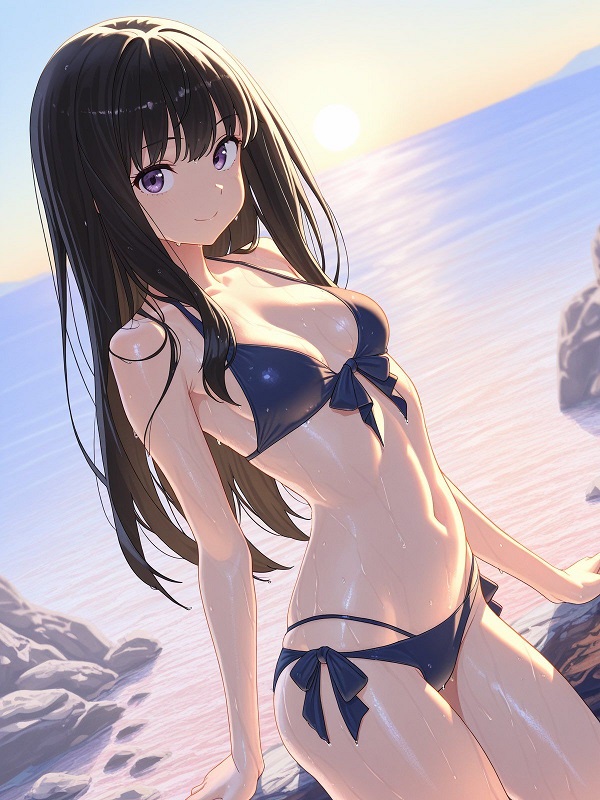 Hình ảnh một cô gái anime mặc đồ bơi có dây buộc chéo, rất thời trang.