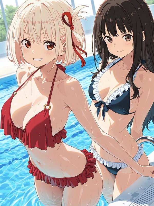Cô gái anime với mái tóc búi cao, mặc đồ bơi màu vàng tươi sáng.
