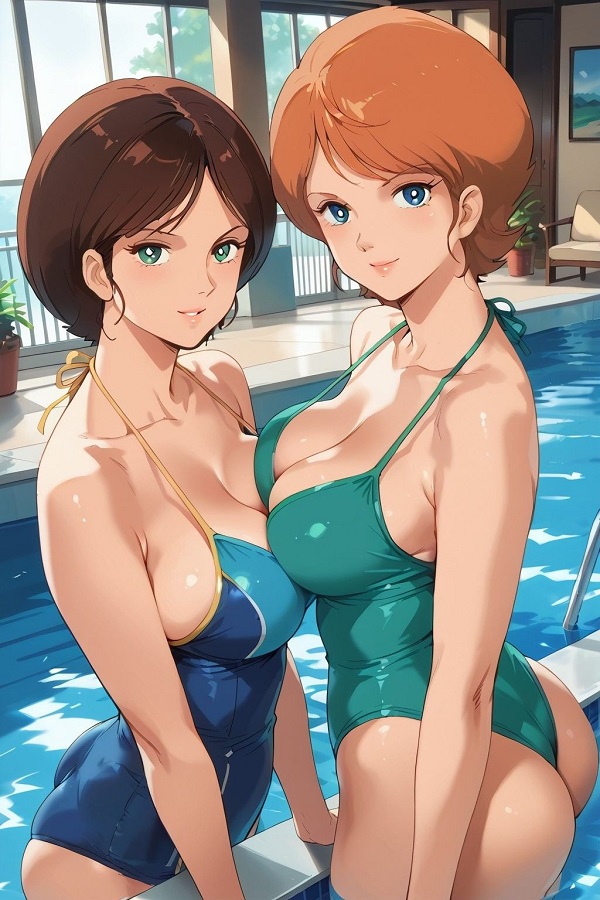 Cô gái anime trong bộ đồ bơi có chi tiết nơ, rất nữ tính.