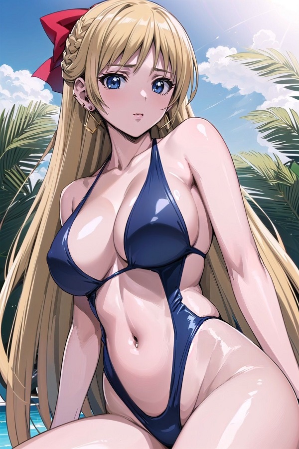 Hình ảnh một cô gái anime mặc đồ bơi kết hợp chân váy ngắn, rất duyên dáng.