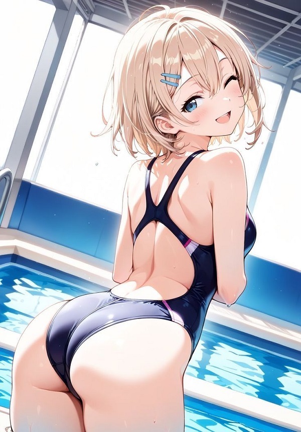 Hình ảnh một cô gái anime mặc bikini họa tiết hoa, đang cười rạng rỡ dưới ánh nắng.