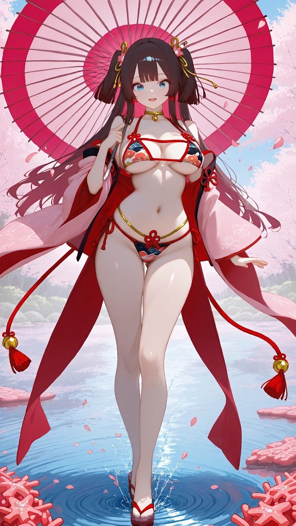 Cô gái anime với ánh mắt lấp lánh, mặc đồ bơi màu hồng ngọt ngào.