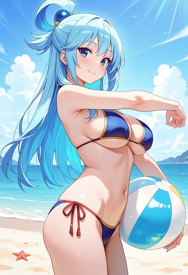Cô gái anime đang tạo dáng trên bãi cát, mặc đồ bơi màu xanh lá cây.