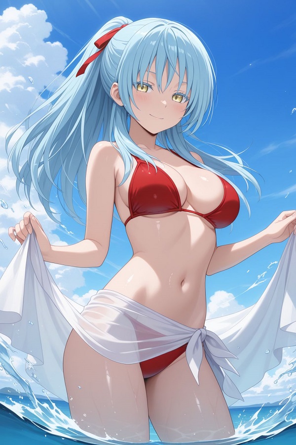Hình ảnh một cô gái anime mặc đồ bơi có họa tiết hình học, rất hiện đại.