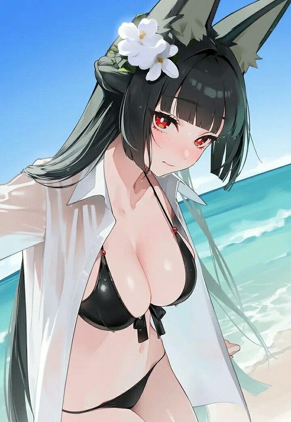 Hình ảnh một cô gái anime mặc đồ bơi có chi tiết lưới, rất cá tính.