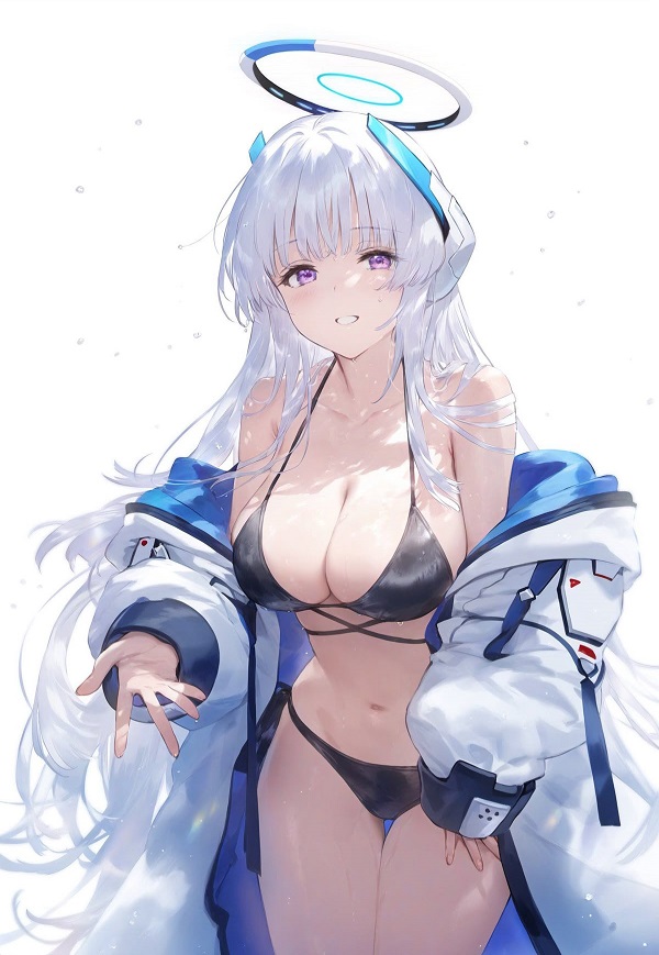 Cô gái anime với làn da trắng ngần, mặc đồ bơi màu xanh ngọc bích.
