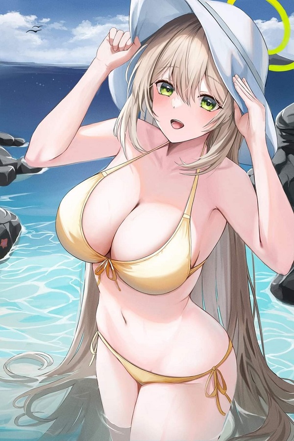 Cô gái anime đang bơi lội dưới nước, mặc đồ bơi ôm sát cơ thể.