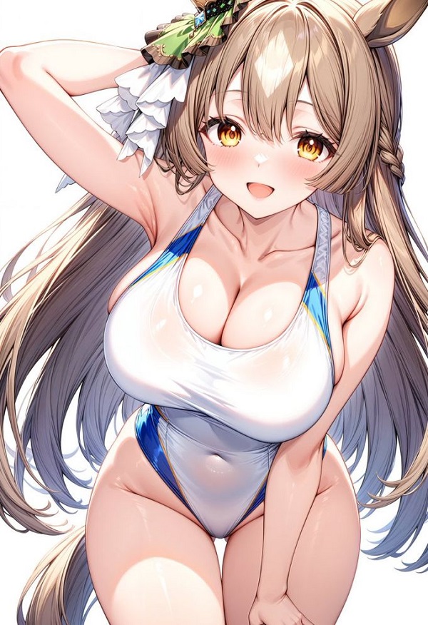 Hình ảnh một cô gái anime mặc đồ bơi có họa tiết hoạt hình, rất dễ thương.
