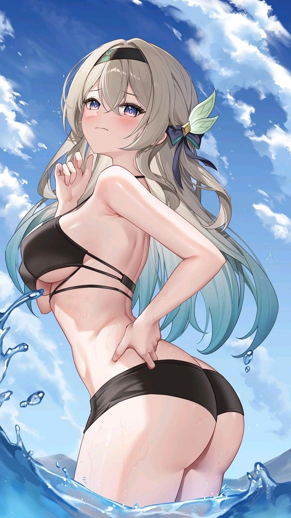 Cô gái anime trong bộ đồ bơi cut-out độc đáo, tạo vẻ cá tính và quyến rũ.