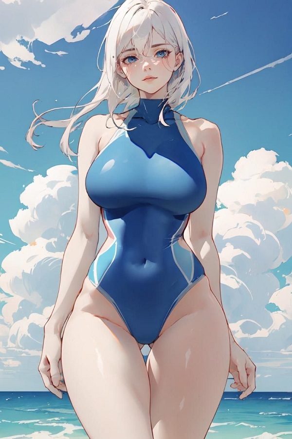 Cô gái anime với mái tóc ướt, mặc đồ bơi màu trắng sữa.