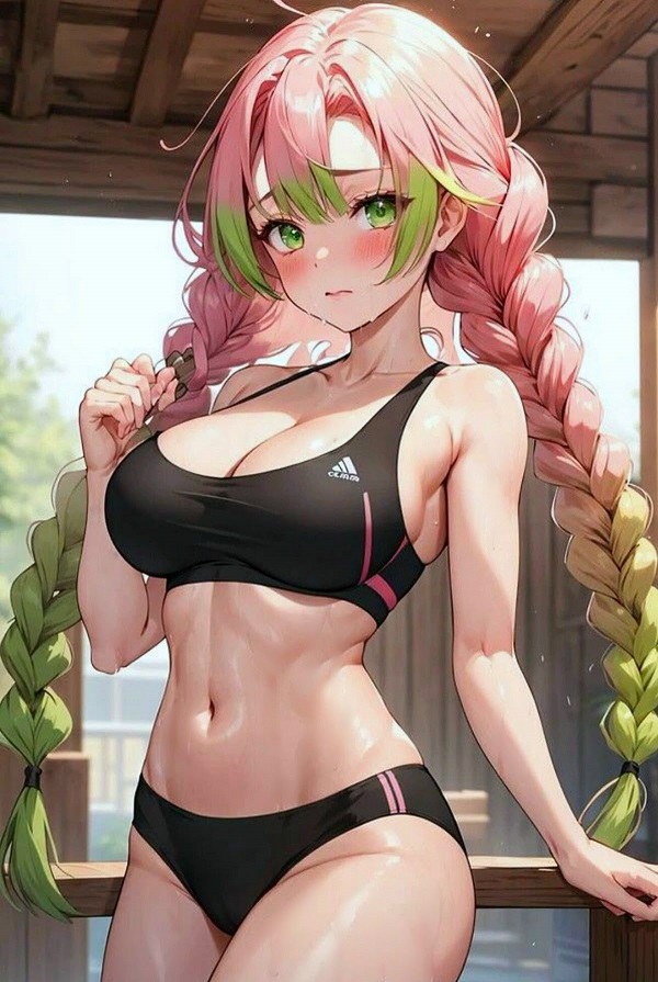 Cô gái anime đang cầm một quả bóng bãi biển, mặc đồ bơi sặc sỡ.