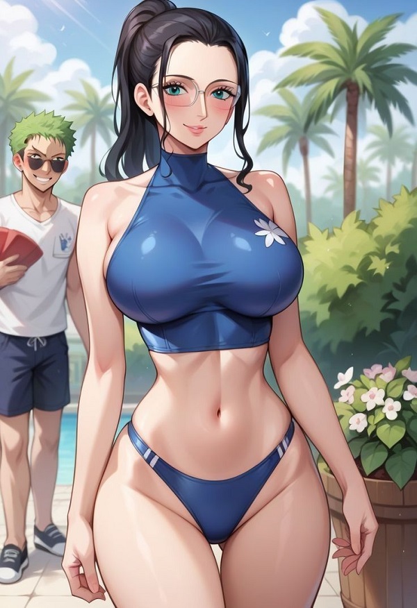 Hình ảnh một cô gái anime mặc đồ bơi có họa tiết kẻ ngang, rất trẻ trung.