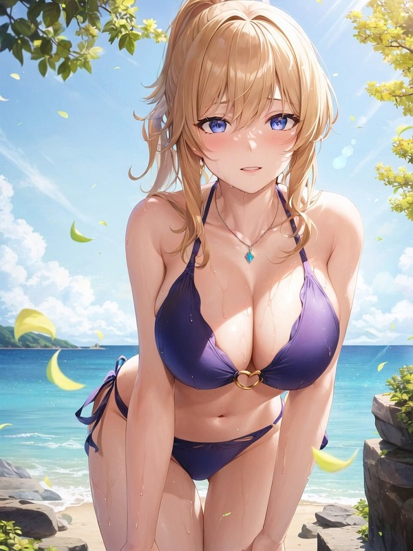 Cô gái anime với dáng vẻ thướt tha, mặc đồ bơi có tà bay.