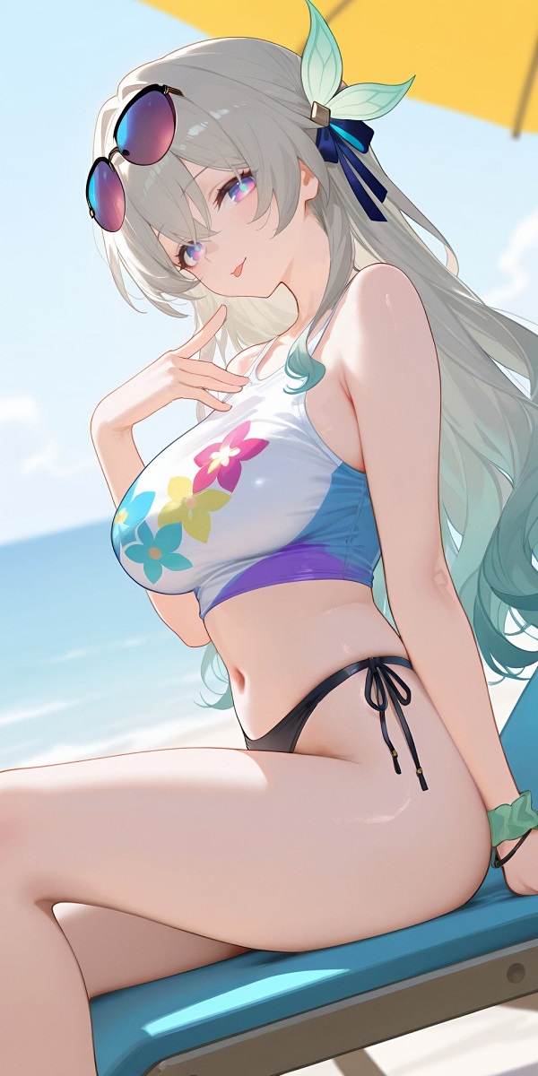 Cô gái anime với biểu cảm tự tin, mặc đồ bơi có đường xẻ cao.