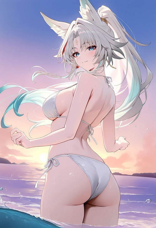 Hình ảnh một cô gái anime mặc đồ bơi liền thân màu đen, toát lên vẻ sang trọng.