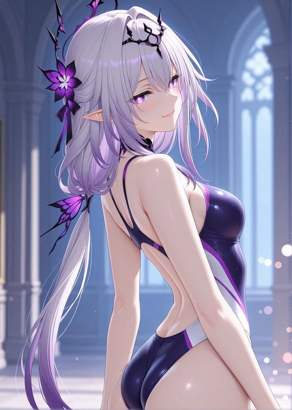 Cô gái anime với mái tóc dài bay trong gió, mặc đồ bơi hai mảnh màu trắng, rất tinh khôi.