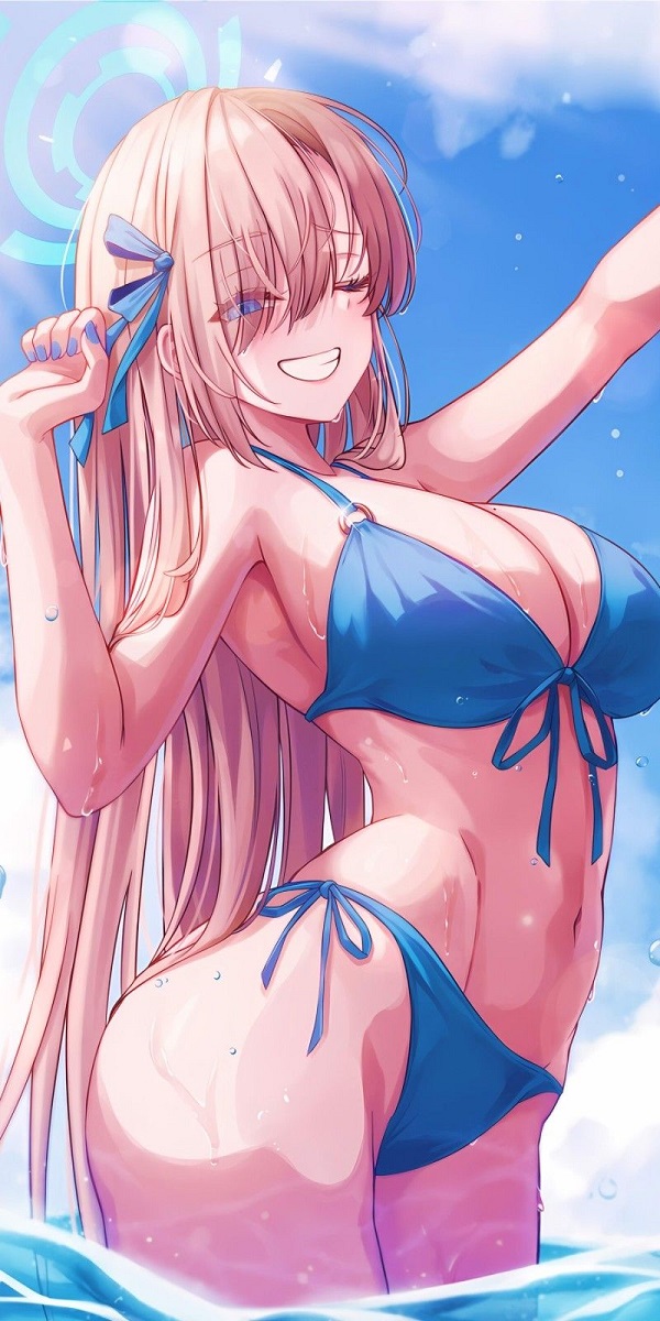 Cô gái anime với làn da rám nắng nhẹ, mặc bikini màu cam tươi tắn, rất năng động.