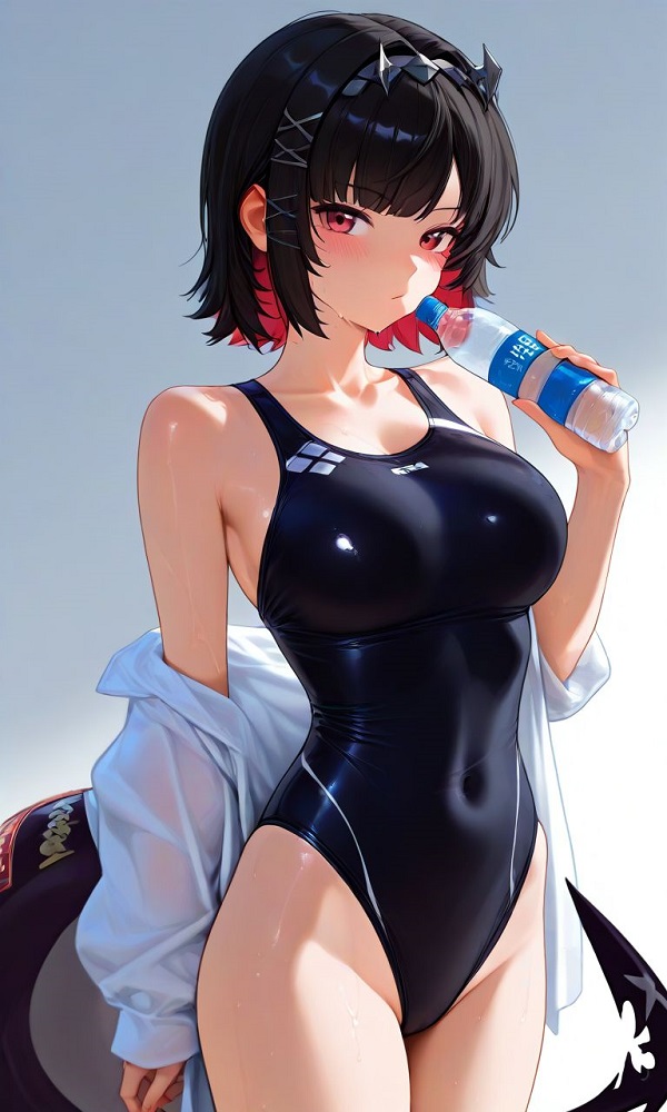 Cô gái anime đang đội mũ rộng vành, mặc đồ bơi kẻ sọc, thư giãn bên hồ bơi.