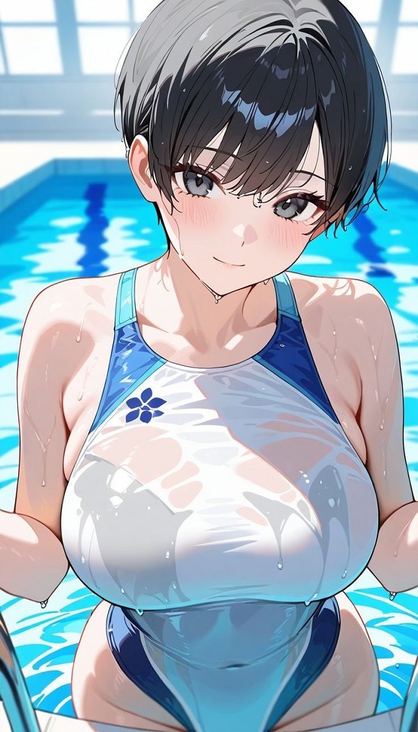 Hình ảnh một cô gái anime với mái tóc ngắn cá tính, mặc đồ bơi thể thao, rất khỏe khoắn.