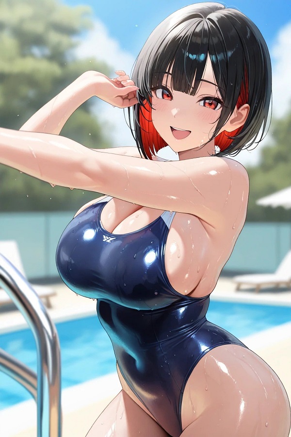 Cô gái anime trong bộ đồ bơi retro, với những chi tiết bèo nhún đáng yêu.