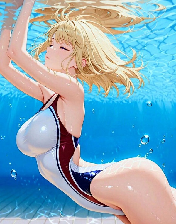 Cô gái anime đang nhìn xa xăm ra biển, mặc đồ bơi màu pastel dịu nhẹ.