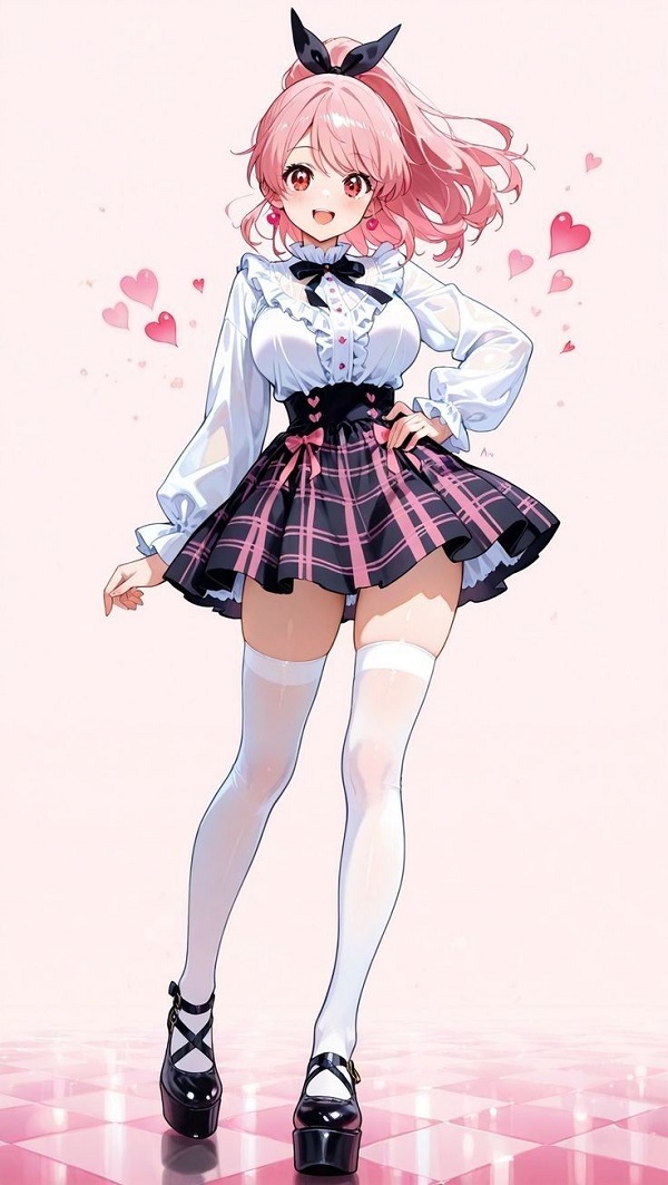 Thiếu nữ anime váy ngắn vàng tươi, cười rạng rỡ.