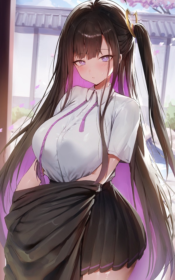 Nhân vật anime váy ngắn họa tiết hình học, hiện đại.