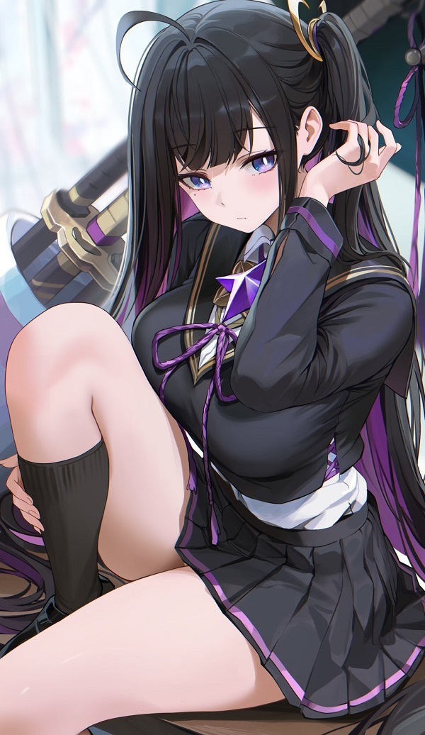 Cô gái anime tóc cầu vồng, váy ngắn đơn sắc.