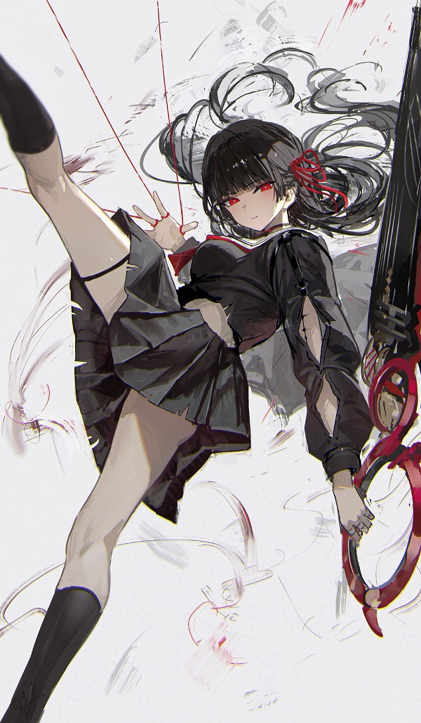 Thiếu nữ anime váy ngắn denim rách, cá tính.