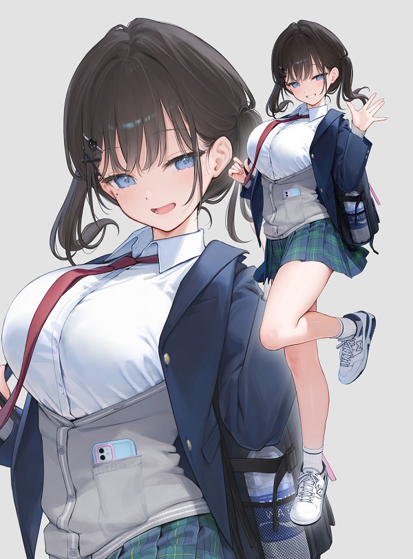 Nhân vật anime mắt to, váy ngắn tím mộng mơ.