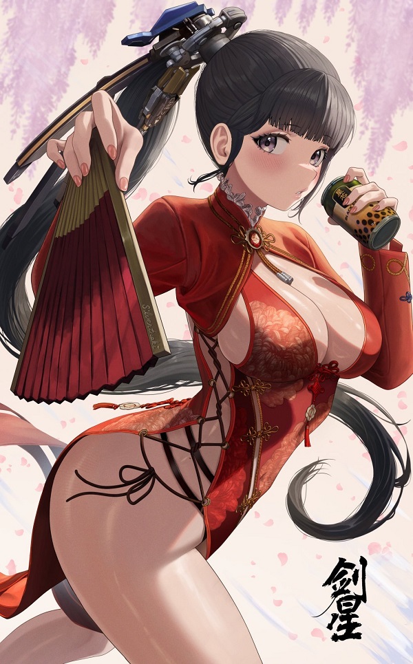 Nhân vật anime tóc xoăn, váy hoa ngắn, đọc sách gốc cây.