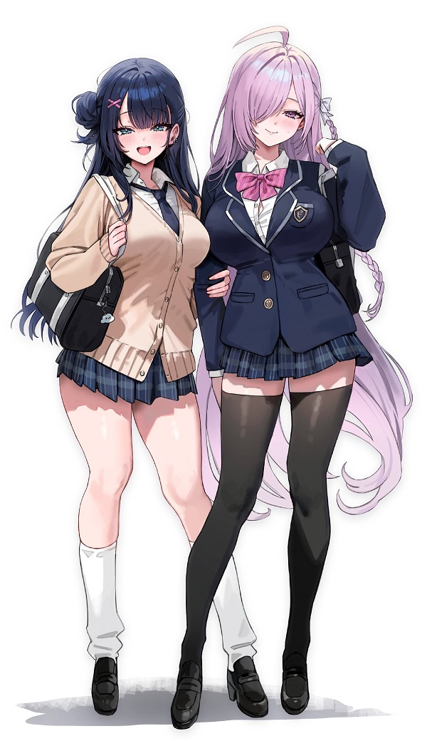 Nhân vật anime váy ngắn kẻ sọc ngang, trẻ trung.