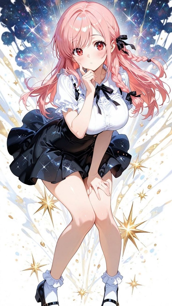Gái xinh anime mặc váy ngắn dây yếm, đáng yêu.