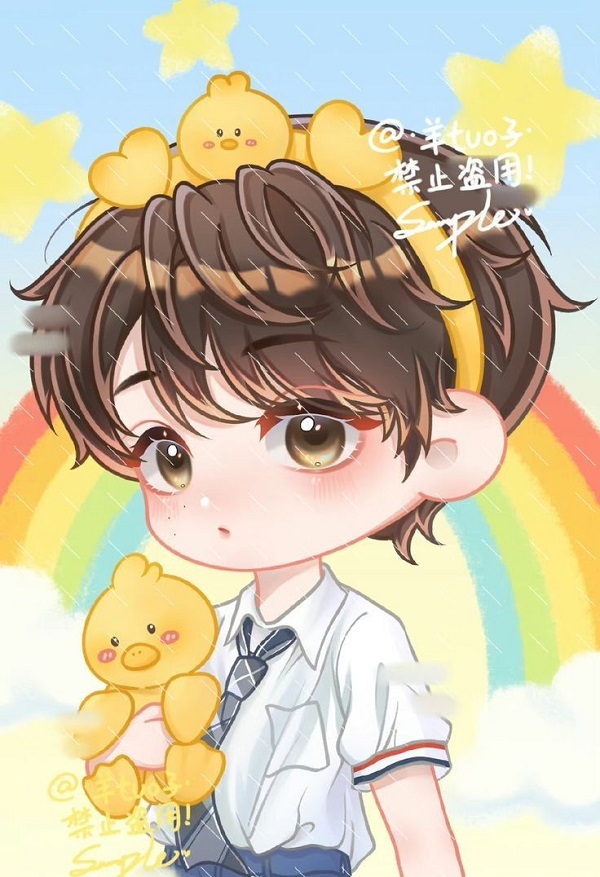 Chibi nam anime đang chơi đùa với một chú mèo con, rất thân thiện.